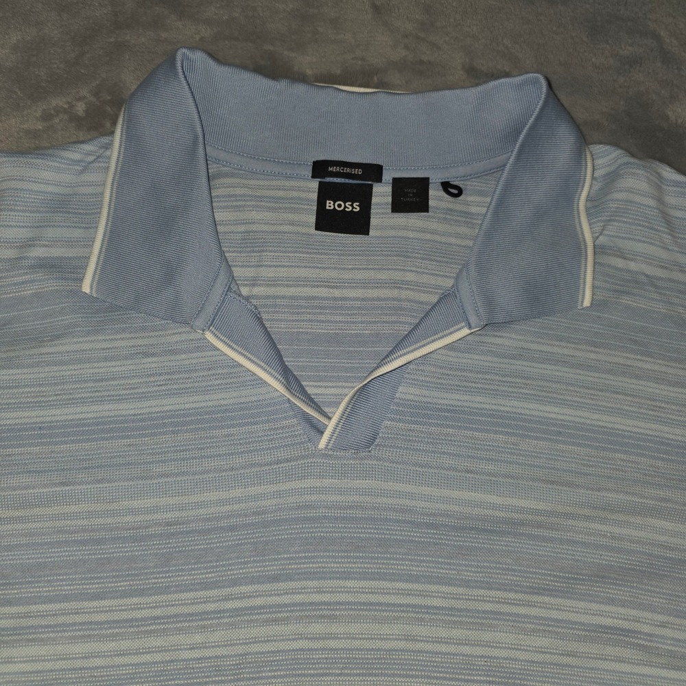 Hugo Boss Mercerised Cotton Polo Shirt Light Blue Striped V-Neck Mens Large